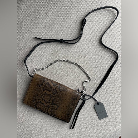 New All Saints Claremount Leather Chain Snake Crossbody Bag In Light Olive - Picture 3 of 13